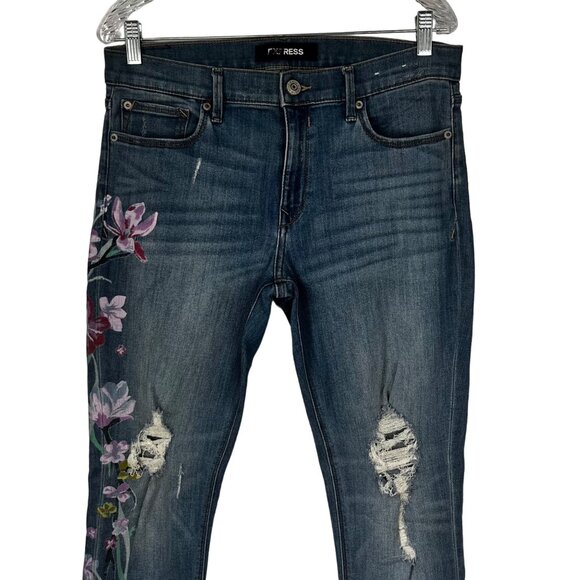 Express Distressed Mid Rise Jeans Womens 10R Stamped Floral - Picture 3 of 11